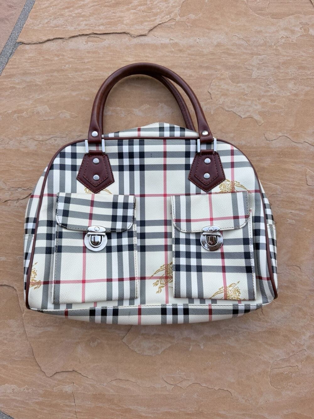 Vintage Burberrys Beige Brown Checkered Logo Satchel Zip Silver Hardware